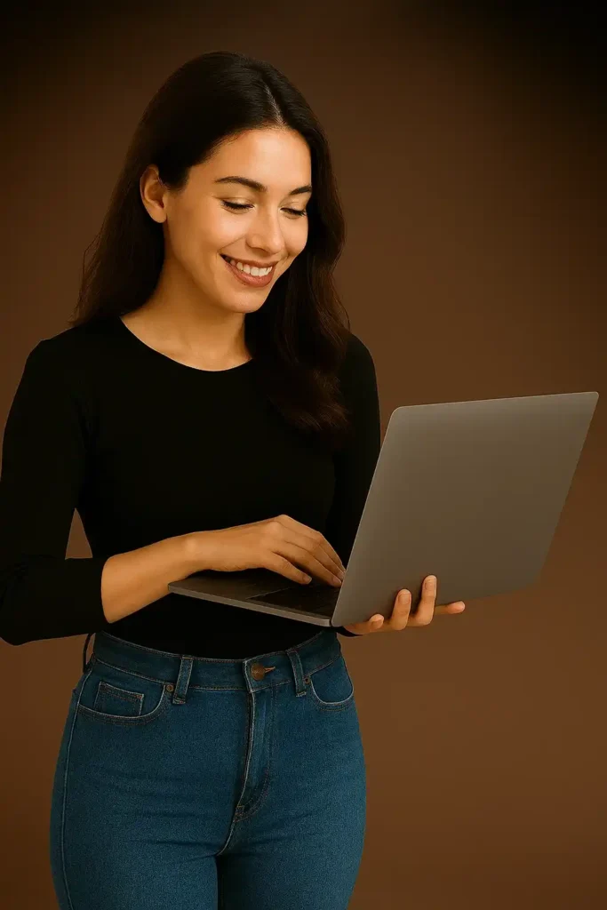 A beautiful 25-year-old woman wearing a black shirt and blue jeans, standing and working on a sleek laptop with a transparent background, symbolizing remote work and digital productivity.