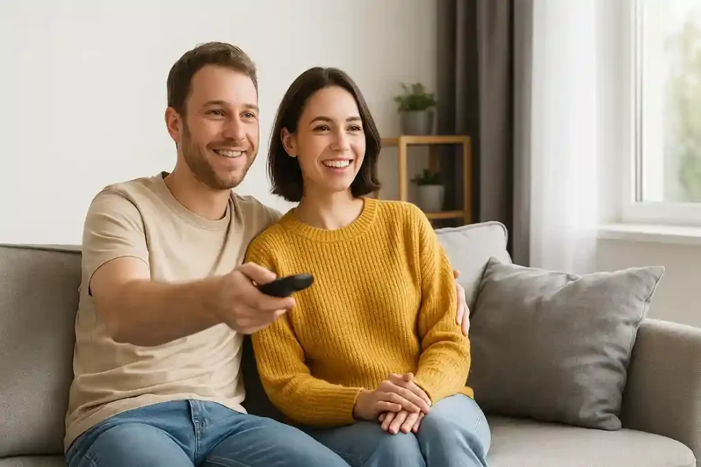 A couple using At&T internet services and watching on tv