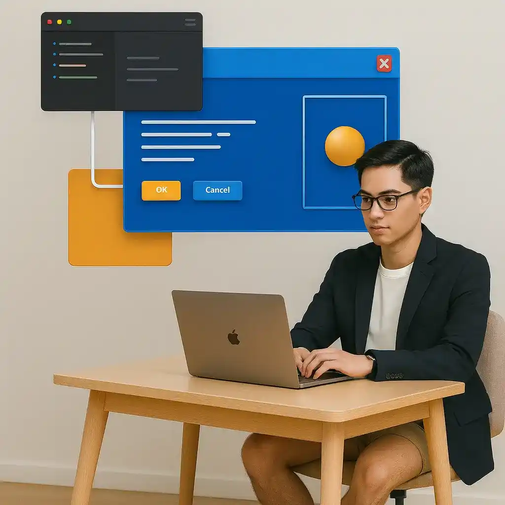 A young man in a black blazer and glasses working on a laptop at a wooden desk, with digital coding and user interface windows floating above him in a minimalist setting.