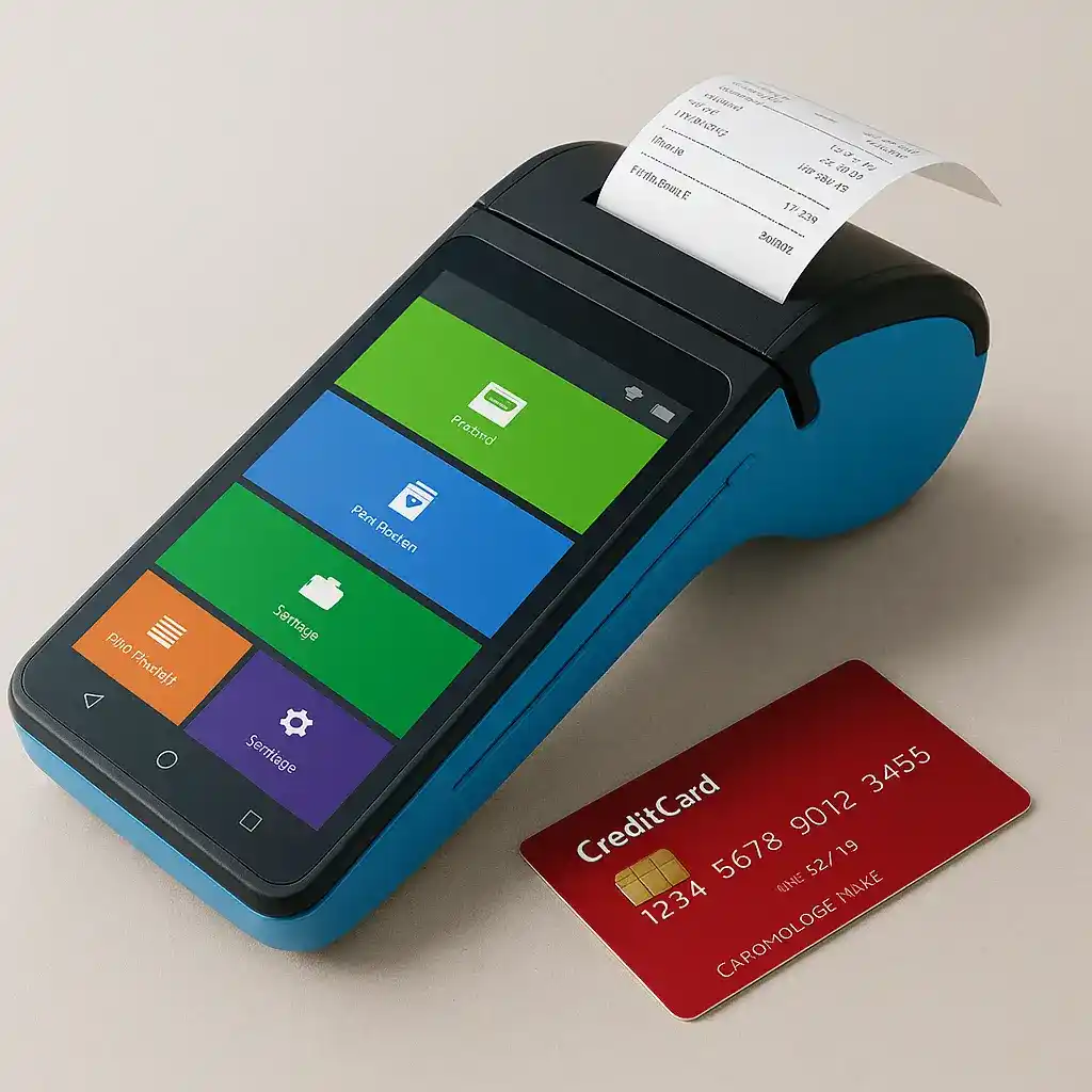 A realistic image of a modern portable POS terminal with touchscreen, colorful buttons, receipt printer, and a red credit card on a neutral surface.