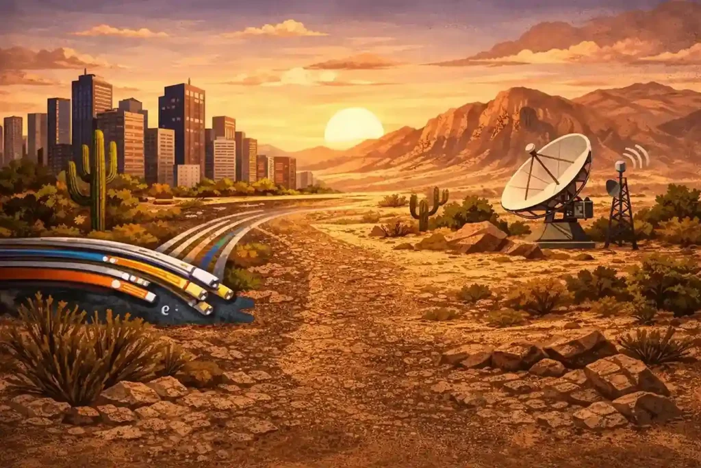 Illustration showing Arizona’s internet landscape with urban fiber connectivity transitioning into rural desert areas using wireless and satellite internet