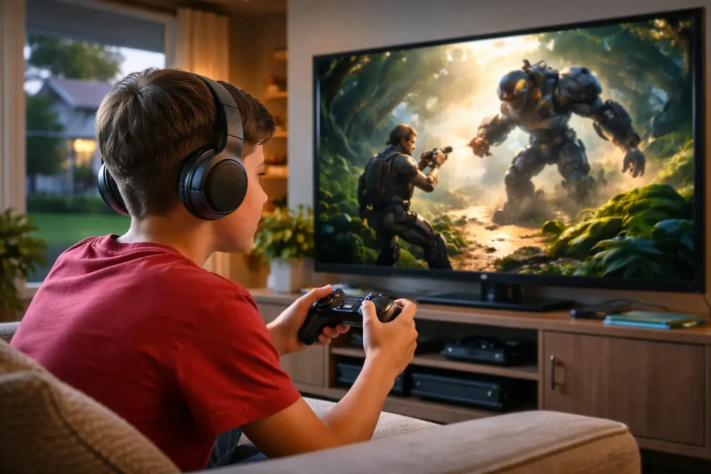 Young boy playing video games on a large screen TV using a game controller at home