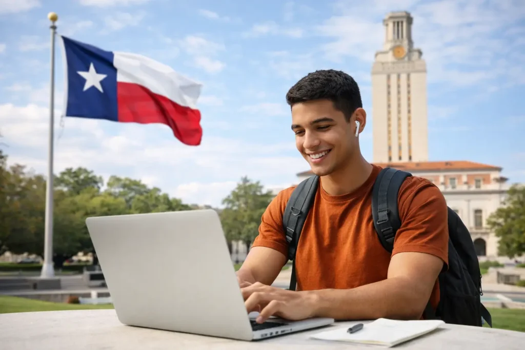 College student in Texas studying on a laptop using high-speed internet outdoors on campus