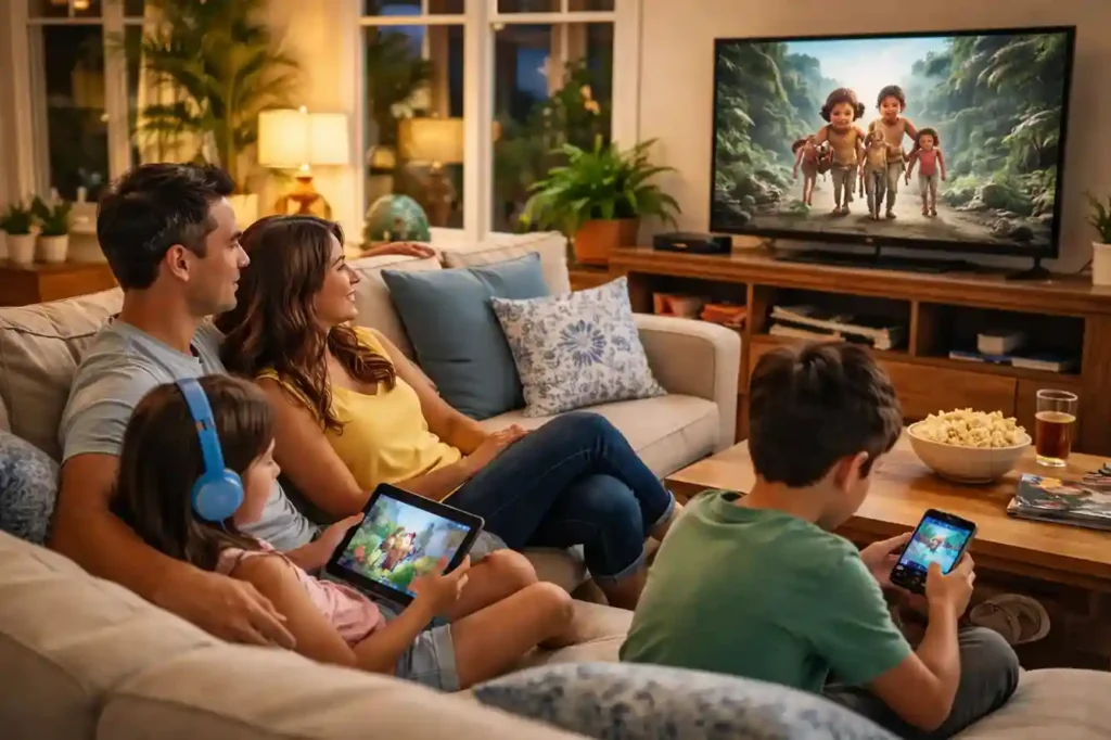 A family sitting on a sofa in a warm living room, watching an animated movie on a TV while children use tablets and a smartphone during a relaxed movie night at home.