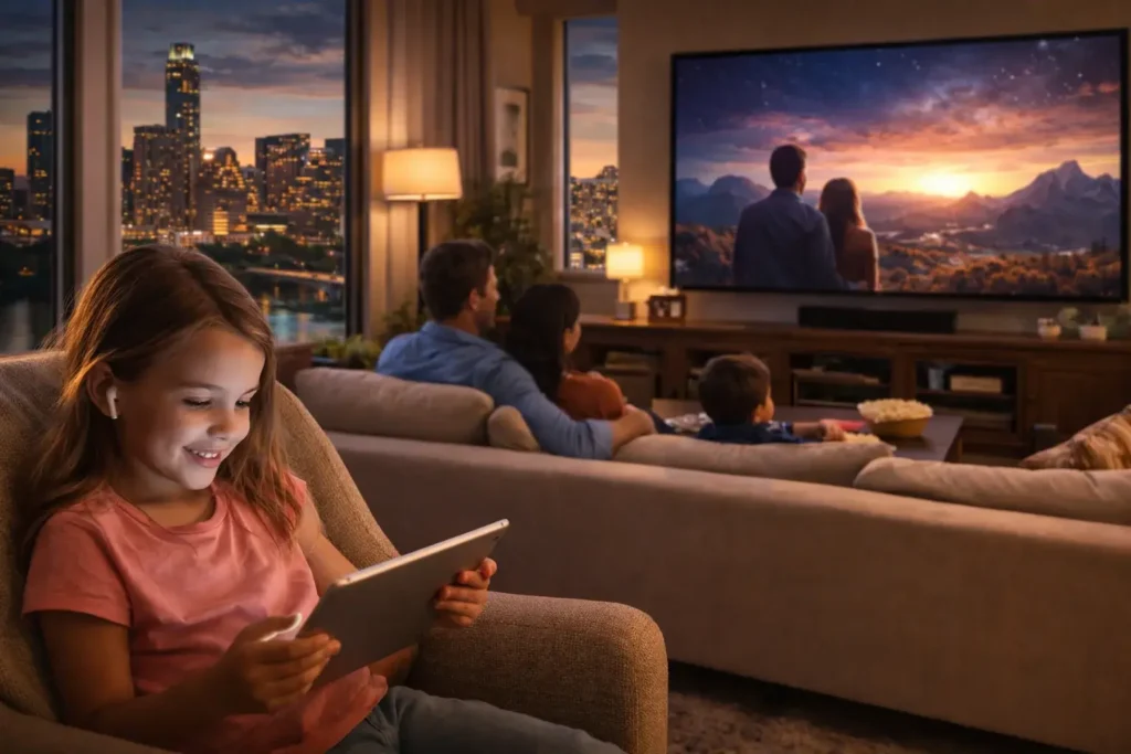 Girl using a tablet while her family watches a movie on a large screen in a modern Austin home at night.