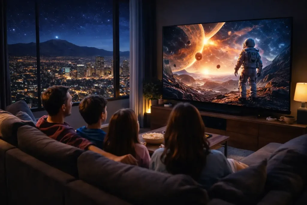 Family watching a movie on a large screen inside a home in El Paso, Texas with city lights visible outside.