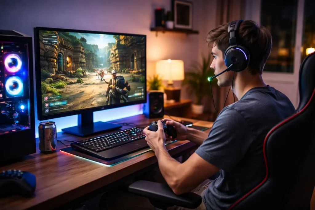Gamer playing an online multiplayer video game at home using a low-latency high-speed internet connection