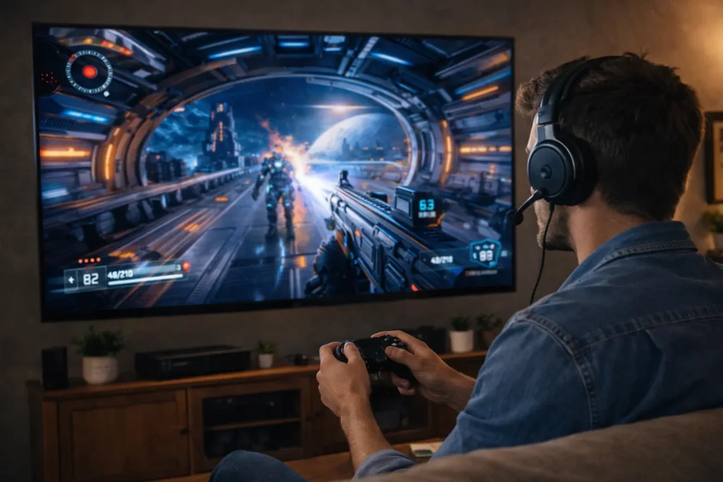 Gamer playing a video game on a large screen TV using a controller and gaming headset
