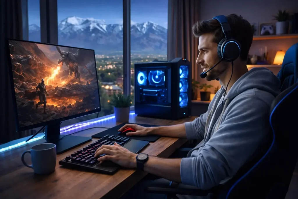 Gamer playing online video games in an Ogden, Utah home with a high-performance gaming setup, representing fast and low-latency internet