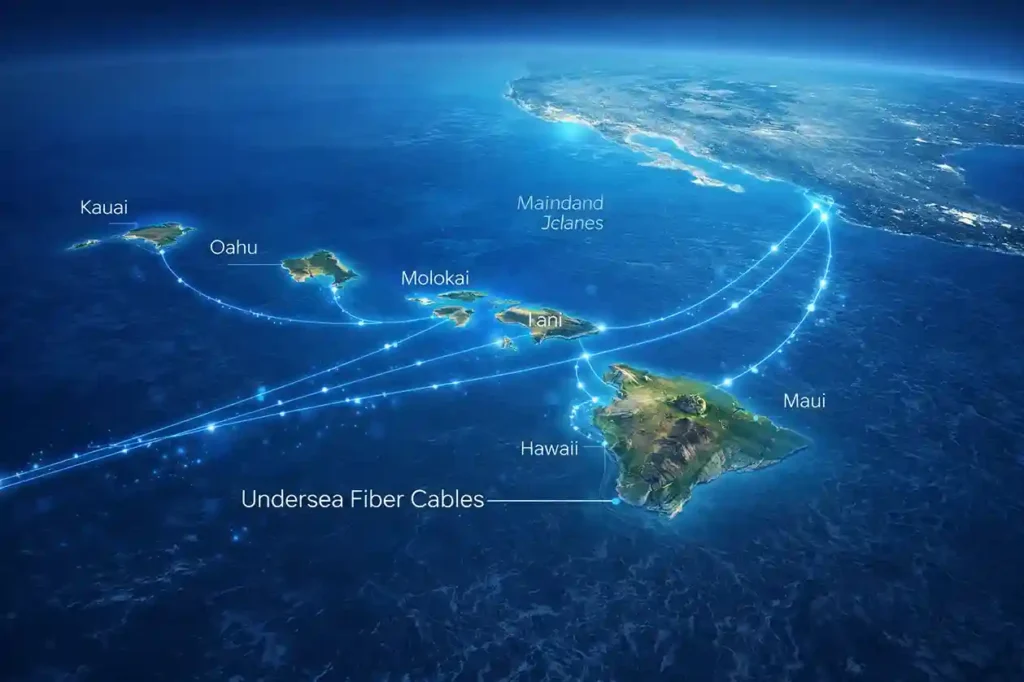 Map showing the Hawaiian Islands connected to the mainland United States by undersea fiber-optic internet cables
