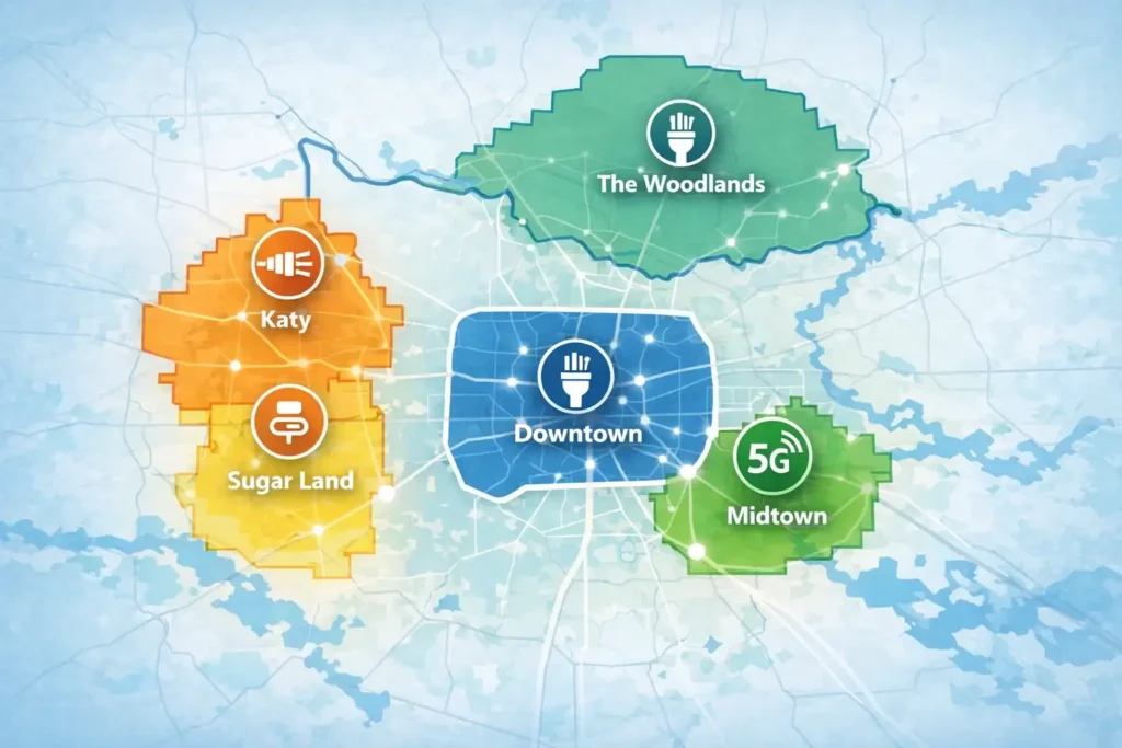 Simplified map showing Houston city boundary with key areas highlighting different internet connectivity types