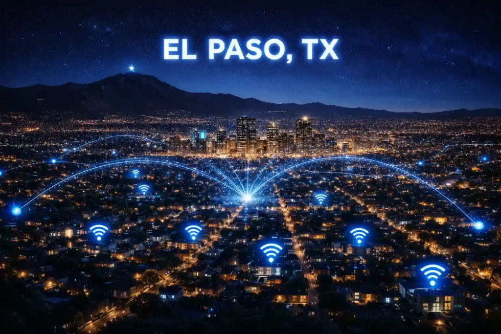 Aerial night view of El Paso, Texas showing citywide internet connectivity with glowing network lines and Wi-Fi signals.