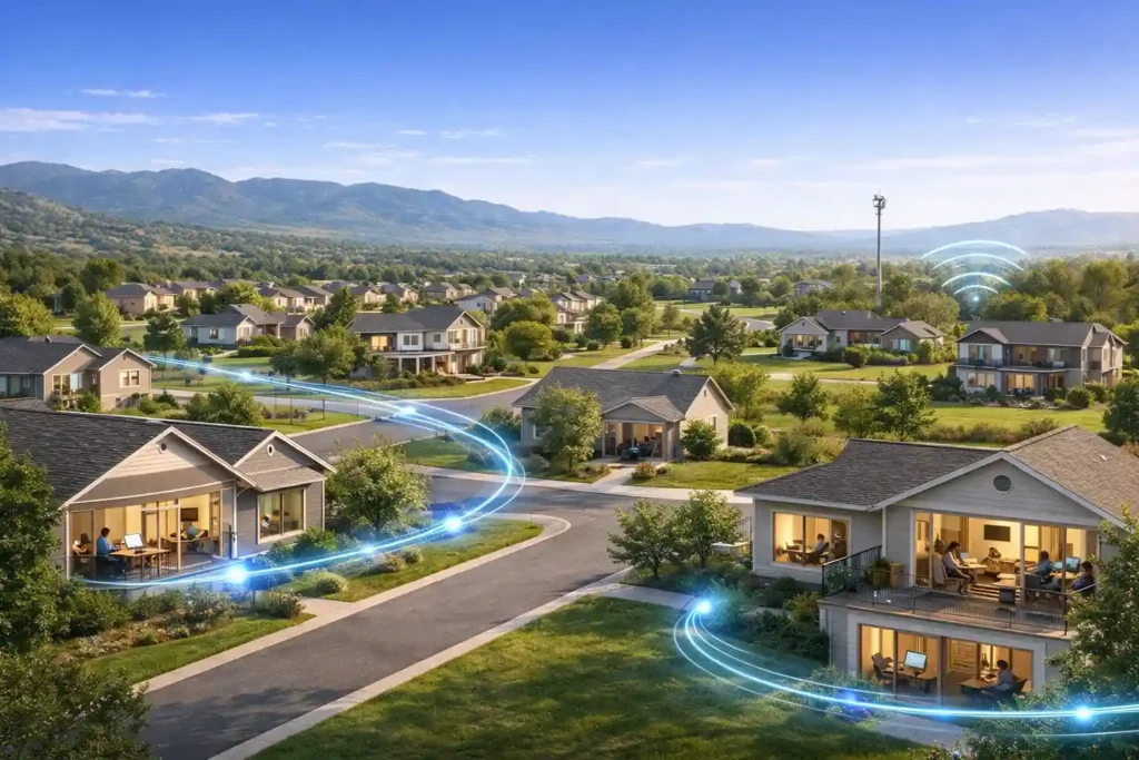 A quiet suburban Utah neighborhood with single-family homes, green spaces, and a fixed wireless tower, showing a mix of expanding fiber connections and wireless internet coverage.