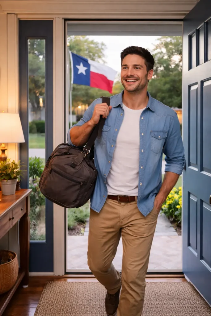 Texas resident arriving home carrying a bag, ready to use home internet services