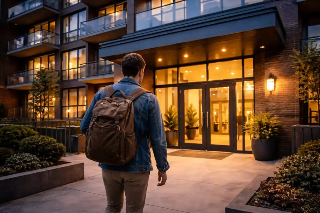 Man walking toward the entrance of a large modern apartment building with a backpack in the evening.