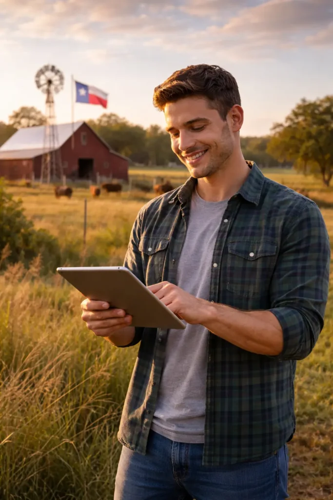 Man standing in rural Texas using a tablet with internet access in a farm setting
