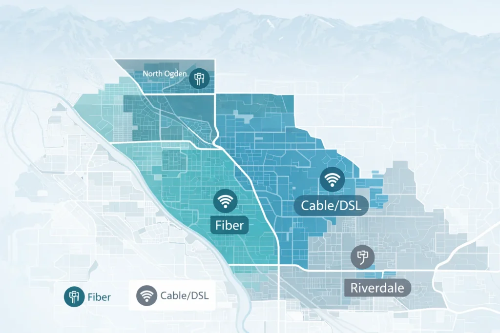 Map showing internet availability in Ogden, Utah, highlighting fiber-available areas in North Ogden and Riverdale and cable or DSL coverage in surrounding neighborhoods
