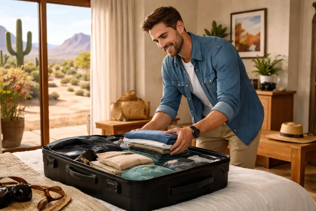 Person packing luggage inside an Arizona home with desert scenery visible through the window