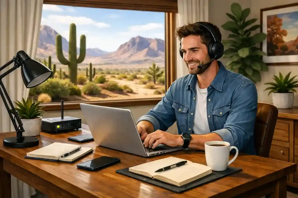 Remote worker in Arizona working from a home office with a desert landscape visible through the window