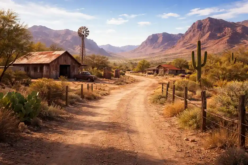 Rural Arizona desert landscape with dirt road, saguaro cacti, and mountains in the background