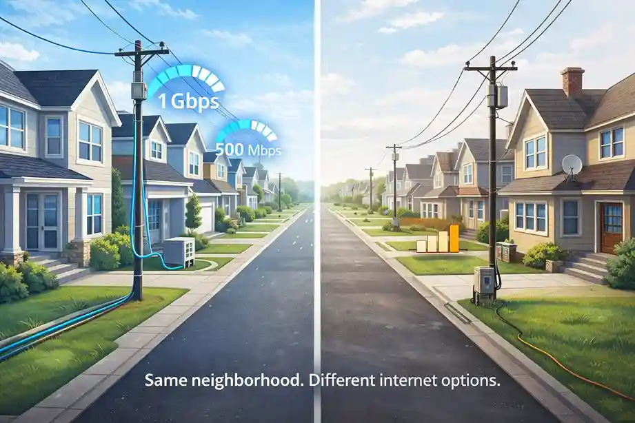 Split neighborhood illustration showing fiber internet on one side and limited copper-line internet on the other in the Dallas–Fort Worth area.