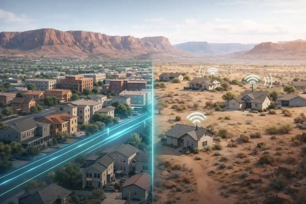 Semi-realistic view of St. George, Utah showing city neighborhoods with wired internet and rural desert homes relying on wireless connectivity