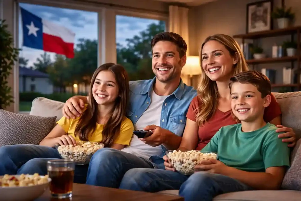 Family in Texas watching movies and streaming on TV using high-speed home internet