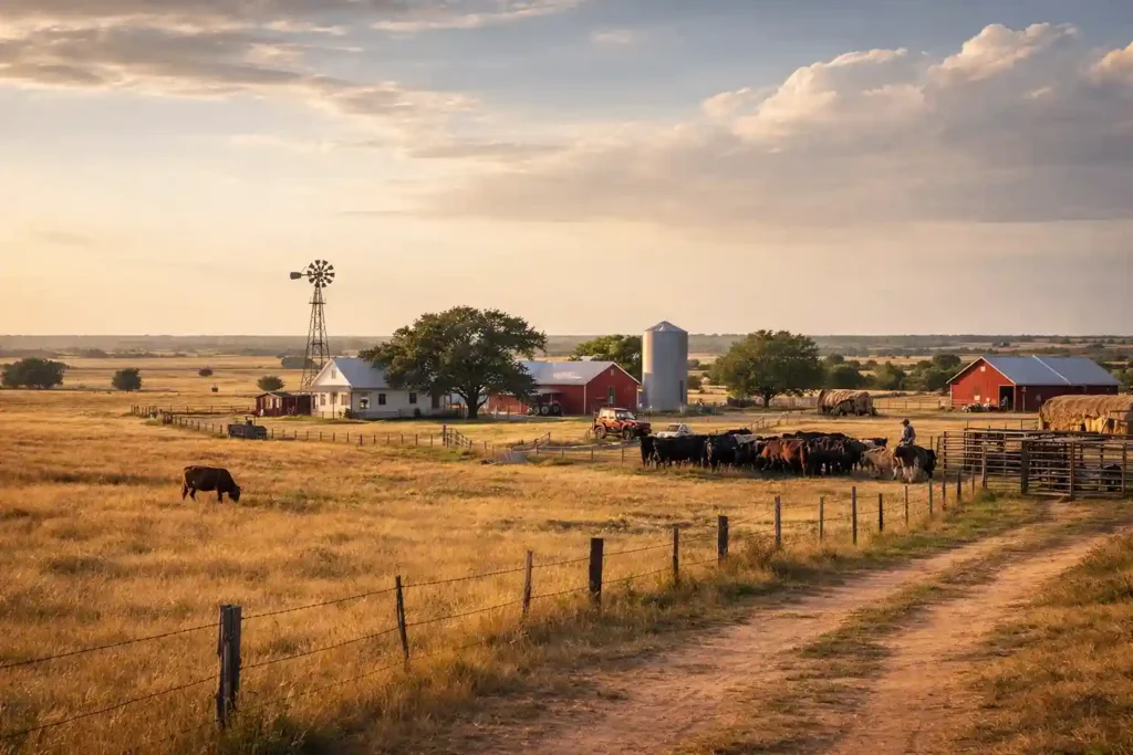 Rural Texas farmhouse with a satellite dish and distant cell tower, illustrating limited internet connectivity in rural areas of Texas.