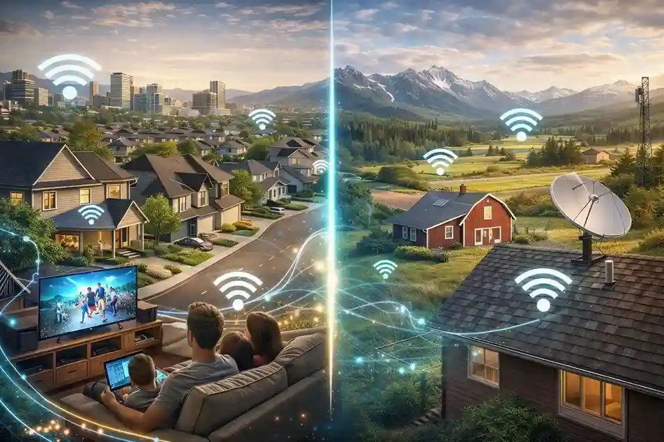 Split image showing fast fiber internet in urban Idaho cities and satellite or wireless internet in rural Idaho areas.
