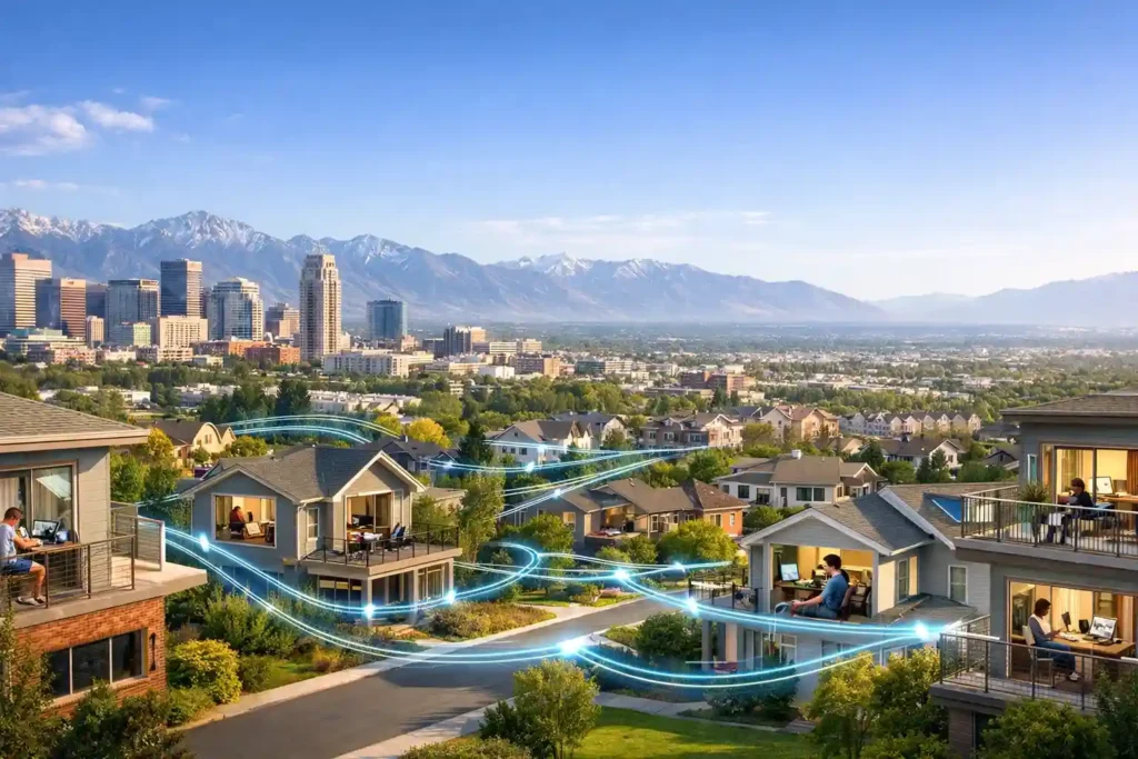 A panoramic view of a Utah city and suburban neighborhood with homes connected by glowing fiber-optic lines, representing fast and reliable fiber internet with the Wasatch Mountains in the background.