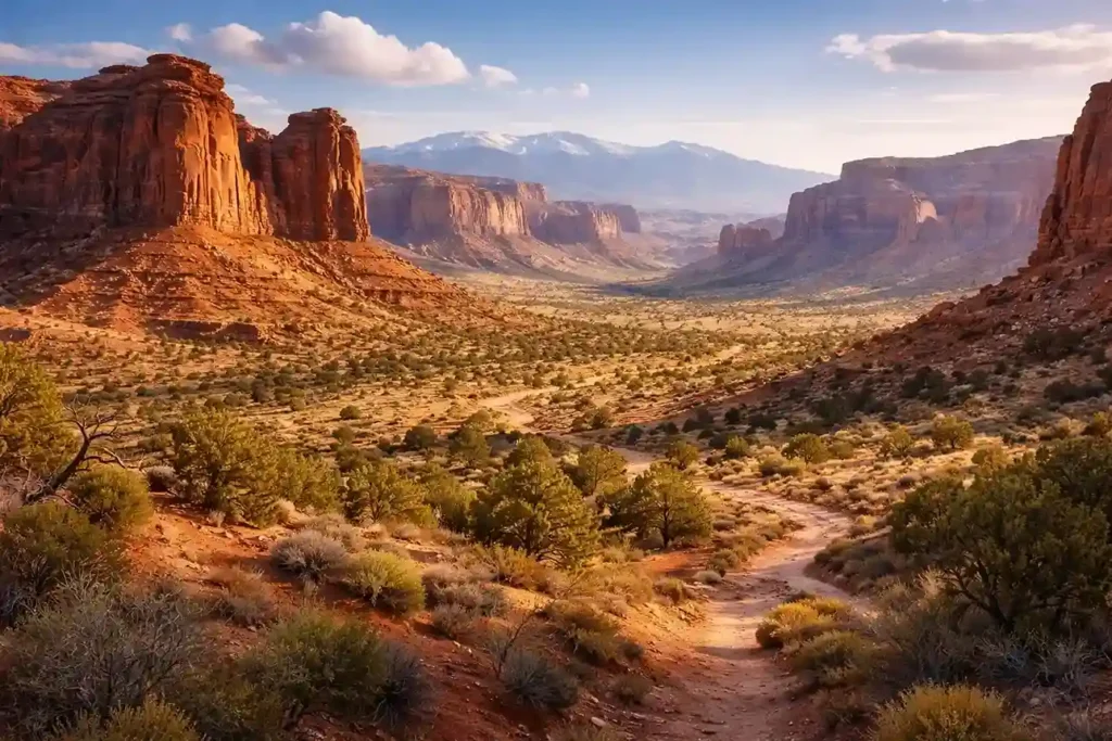 A wide view of Utah’s mountain desert with red rock cliffs, open desert terrain, and distant snow-capped mountains under a clear sky.